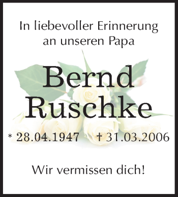 Traueranzeige von Bernd Ruschke von Mitteldeutsche Zeitung Quedlinburg