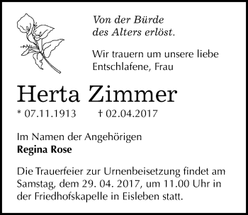 Traueranzeige von Herta Zimmer von Mitteldeutsche Zeitung Mansfelder Land
