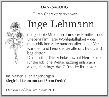 Traueranzeige von Inge Lehmann von WVG - Wochenspiegel Dessau / Köthen