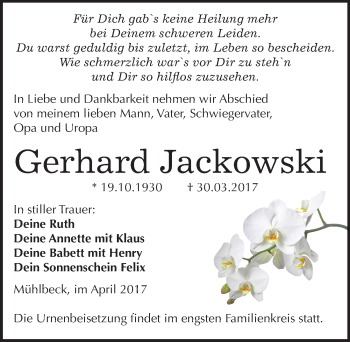 Traueranzeige von Gerhard Jackowski von Mitteldeutsche Zeitung Bitterfeld