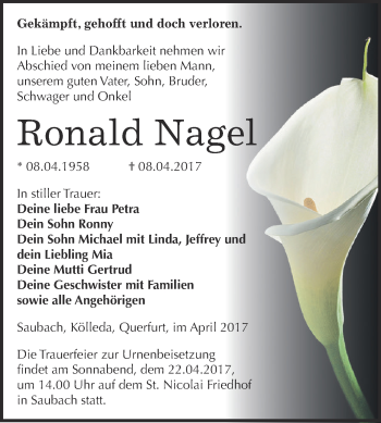 Traueranzeige von Ronald Nagel von WVG - Wochenspiegel NMB / WSF / ZTZ