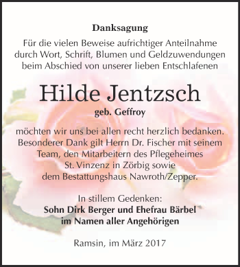 Traueranzeige von Hilde Jentzsch von WVG - Wochenspiegel Bitterfeld