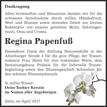 Traueranzeige von Regina Papenfuß von Super Sonntag Zeitz