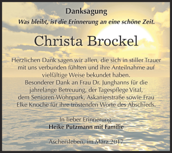 Traueranzeige von Christa Brockel von Super Sonntag SGH Mansf. Land