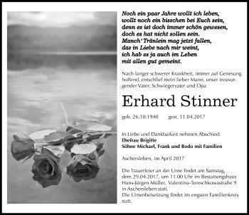 Traueranzeige von Erhard Stinner von Mitteldeutsche Zeitung Aschersleben