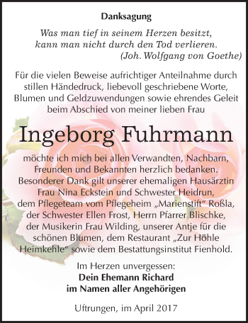 Traueranzeige von Ingeborg Fuhrmann von Mitteldeutsche Zeitung Sangerhausen