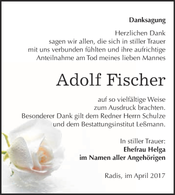 Traueranzeige von Adolf Fischer von WVG - Wochenspiegel Wittenberg