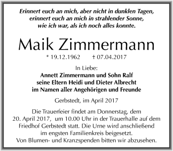 Traueranzeige von Maik Zimmermann von Mitteldeutsche Zeitung Mansfelder Land