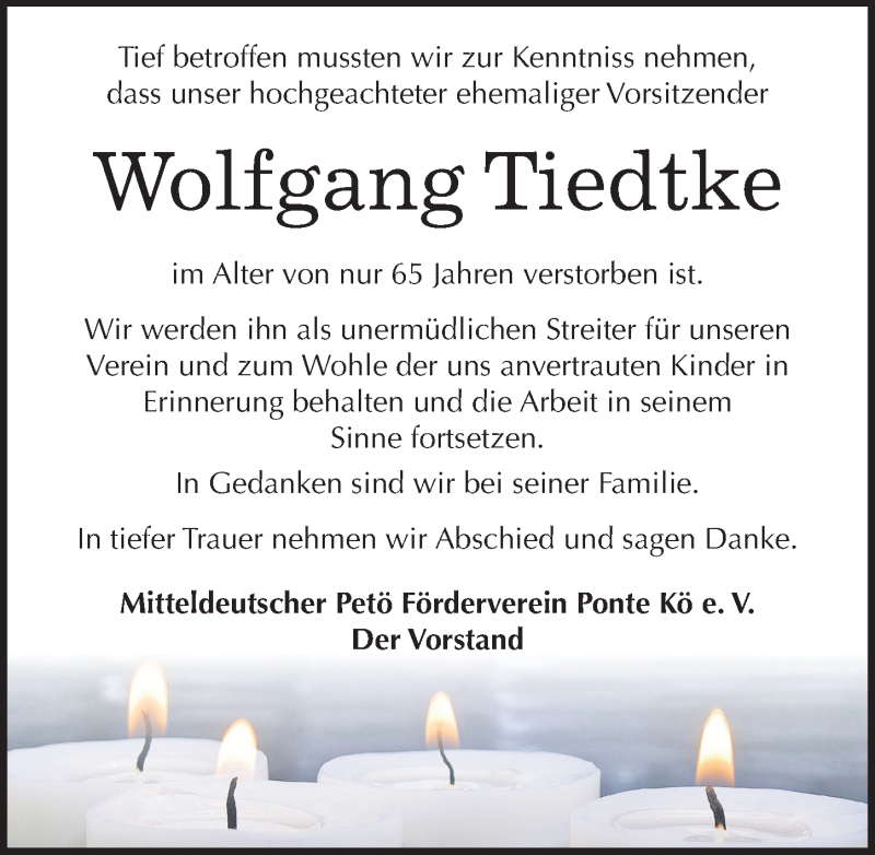  Traueranzeige für Wolfgang Tiedtke vom 26.04.2017 aus Mitteldeutsche Zeitung Weißenfels