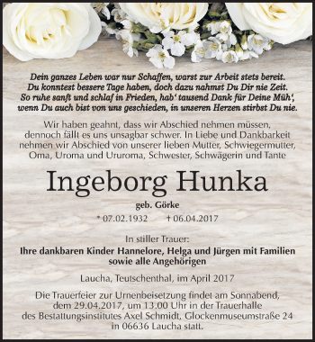 Traueranzeige von Ingeborg Hunka von Mitteldeutsche Zeitung