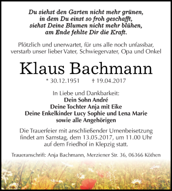 Traueranzeige von Klaus Bachmann von WVG - Wochenspiegel Dessau / Köthen
