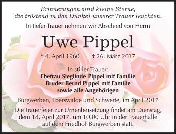 Traueranzeige von Uwe Pippel von Mitteldeutsche Zeitung Weißenfels