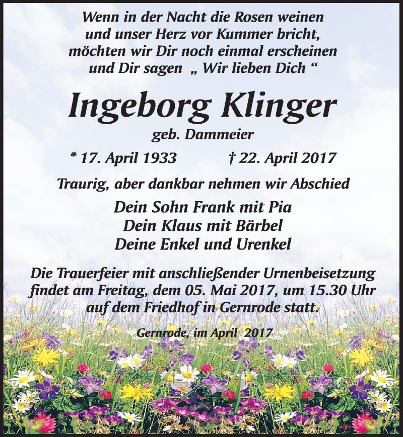  Traueranzeige für Ingeborg Klinger vom 29.04.2017 aus Mitteldeutsche Zeitung Quedlinburg