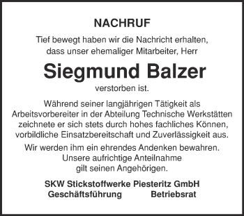Traueranzeige von Siegmund Balzer von Super Sonntag Wittenberg