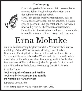 Traueranzeige von Erna Mohnke von Super Sonntag Merseburg