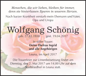 Traueranzeige von Wolfgang Schönig von WVG - Wochenspiegel Merseburg