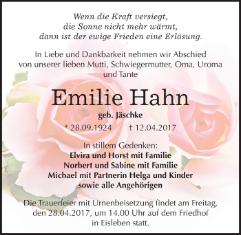Traueranzeige von Emilie Hahn von Mitteldeutsche Zeitung Mansfelder Land