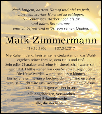 Traueranzeige von Maik Zimmermann von Super Sonntag Quedlinburg