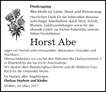 Traueranzeige von Horst Abe von Mitteldeutsche Zeitung Bitterfeld