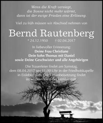 Traueranzeige von Bernd Rautenberg von Mitteldeutsche Zeitung Mansfelder Land