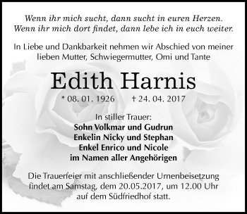 Traueranzeige von Edith Harnis von Mitteldeutsche Zeitung Halle/Saalkreis