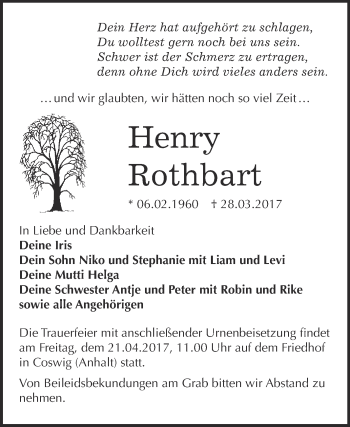 Traueranzeige von Henry Rothbart von Super Sonntag Wittenberg
