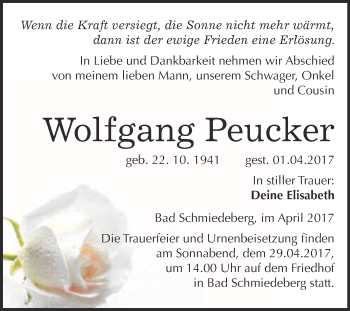 Traueranzeige von Wolfgang Peucker von WVG - Wochenspiegel Wittenberg