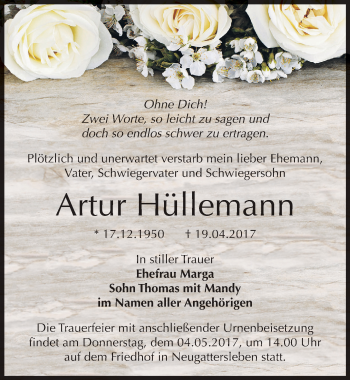 Traueranzeige von Artur Hüllemann von Mitteldeutsche Zeitung Bernburg