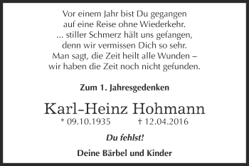 Traueranzeige von Karl-Heinz Hohmann von WVG - Wochenspiegel Dessau / Köthen