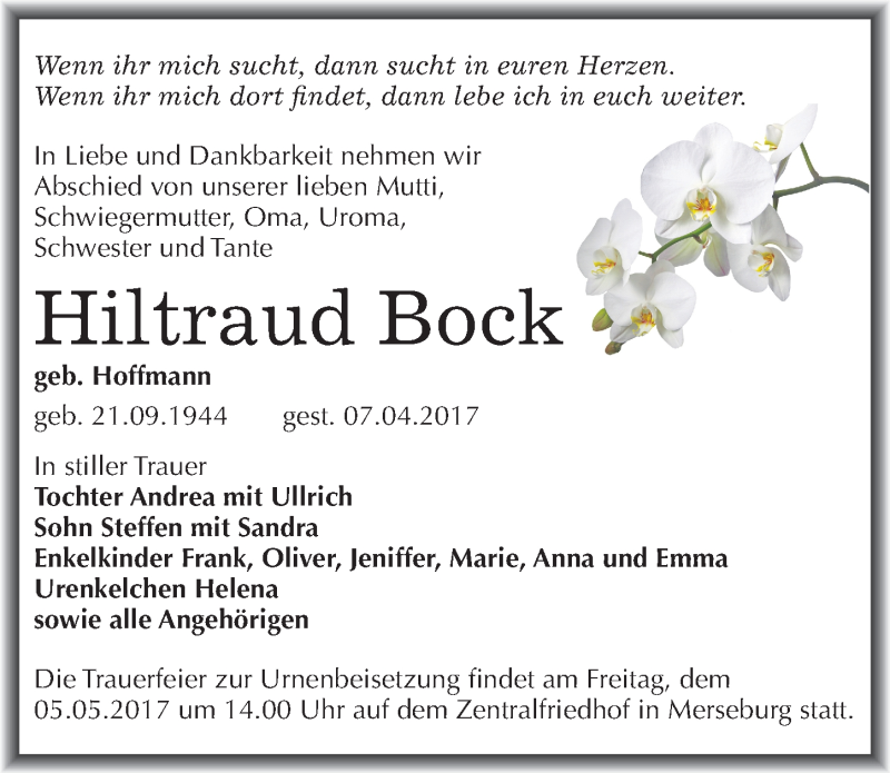  Traueranzeige für Hiltraud Bock vom 26.04.2017 aus Mitteldeutsche Zeitung Merseburg/Querfurt