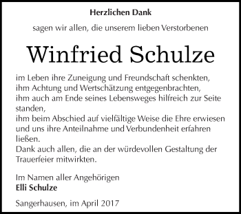Traueranzeige von Winfried Schulze von Super Sonntag SGH Mansf. Land