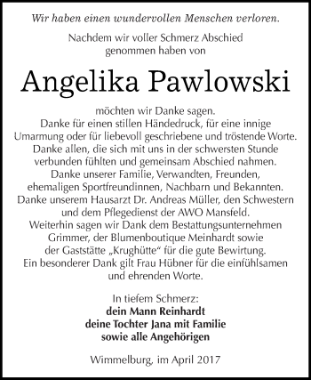Traueranzeige von Angelika Pawlowski von Super Sonntag SGH Mansf. Land