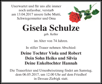Traueranzeige von Gisela Schulze von WVG - Wochenspiegel Dessau / Köthen