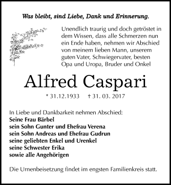 Traueranzeige von Alfred Caspari von Mitteldeutsche Zeitung Naumburg/Nebra