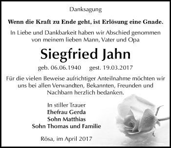 Traueranzeige von Siegfried Jahn von Mitteldeutsche Zeitung Bitterfeld