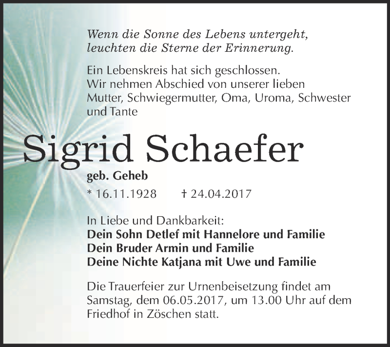  Traueranzeige für Sigrid Schaefer vom 29.04.2017 aus Super Sonntag Merseburg