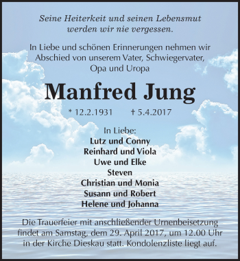 Traueranzeige von Manfred Jung von Mitteldeutsche Zeitung Halle/Saalkreis