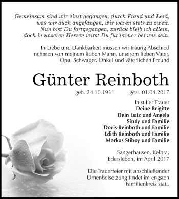 Traueranzeige von Günter Reinboth von Super Sonntag SGH Mansf. Land