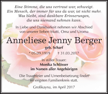 Traueranzeige von Anneliese Jenny Berger von Mitteldeutsche Zeitung Merseburg/Querfurt