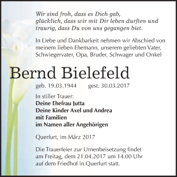 Traueranzeige von Bernd Bielefeld von Super Sonntag Halle