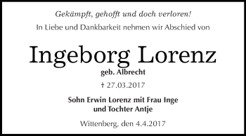 Traueranzeige von Ingeborg Lorenz von Super Sonntag Wittenberg