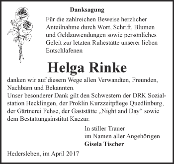 Traueranzeige von Helga Rinke von WVG - Wochenspiegel Quedlinburg