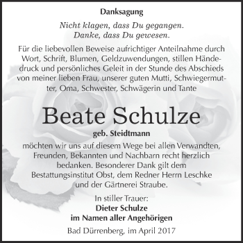 Traueranzeige von Beate Schulze von Super Sonntag Merseburg
