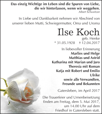 Traueranzeige von Ilse Koch von Super Sonntag Aschersleben