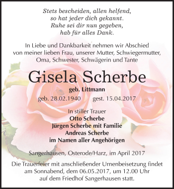 Traueranzeige von Gisela Scherbe von Mitteldeutsche Zeitung Sangerhausen