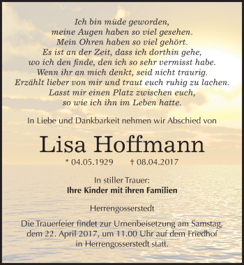 Traueranzeige von Lisa Hoffmann von Mitteldeutsche Zeitung Naumburg/Nebra