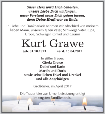 Traueranzeige von Kurt Grawe von Mitteldeutsche Zeitung Mansfelder Land