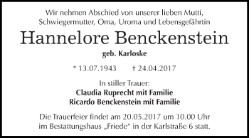 Traueranzeige von Hannelore Benckenstein von WVG - Wochenspiegel Dessau / Köthen