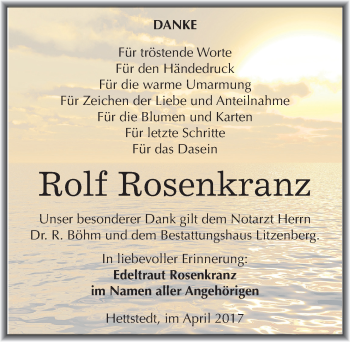 Traueranzeige von Rolf Rosenkranz von Mitteldeutsche Zeitung Mansfelder Land