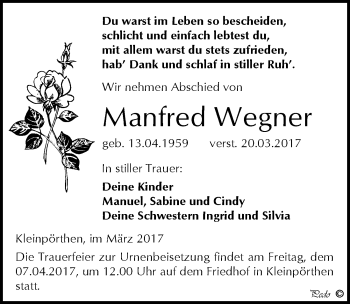Traueranzeige von Manfred Wegner von Mitteldeutsche Zeitung Zeitz